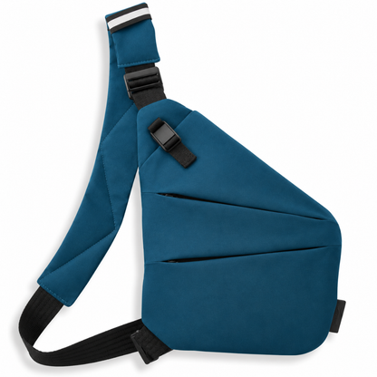 Vaultline anti-theft crossbody bag in Teal, left shoulder