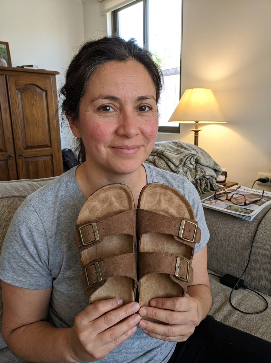 Clienta de Santiago con sus sandalias Belmara marrón