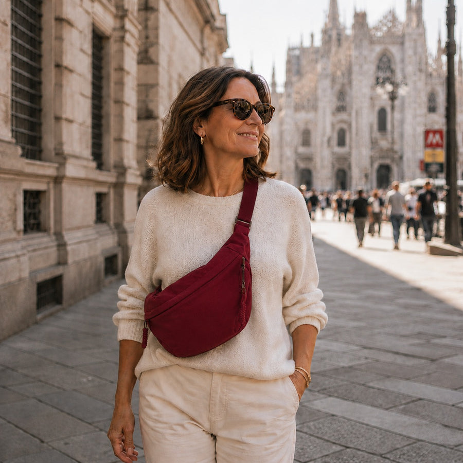 Elina crescent sling bag in Burgundy