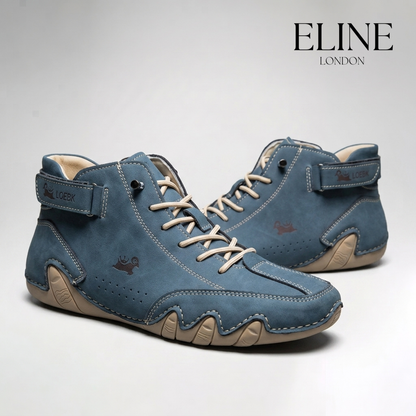 Eline London FeetFlex hand-stitched suede moccasin in Denim Blue
